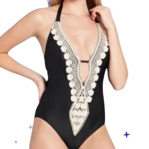 Kona Sol Women's S  Crochet Trim Plunge One Piece Swim Suit Black